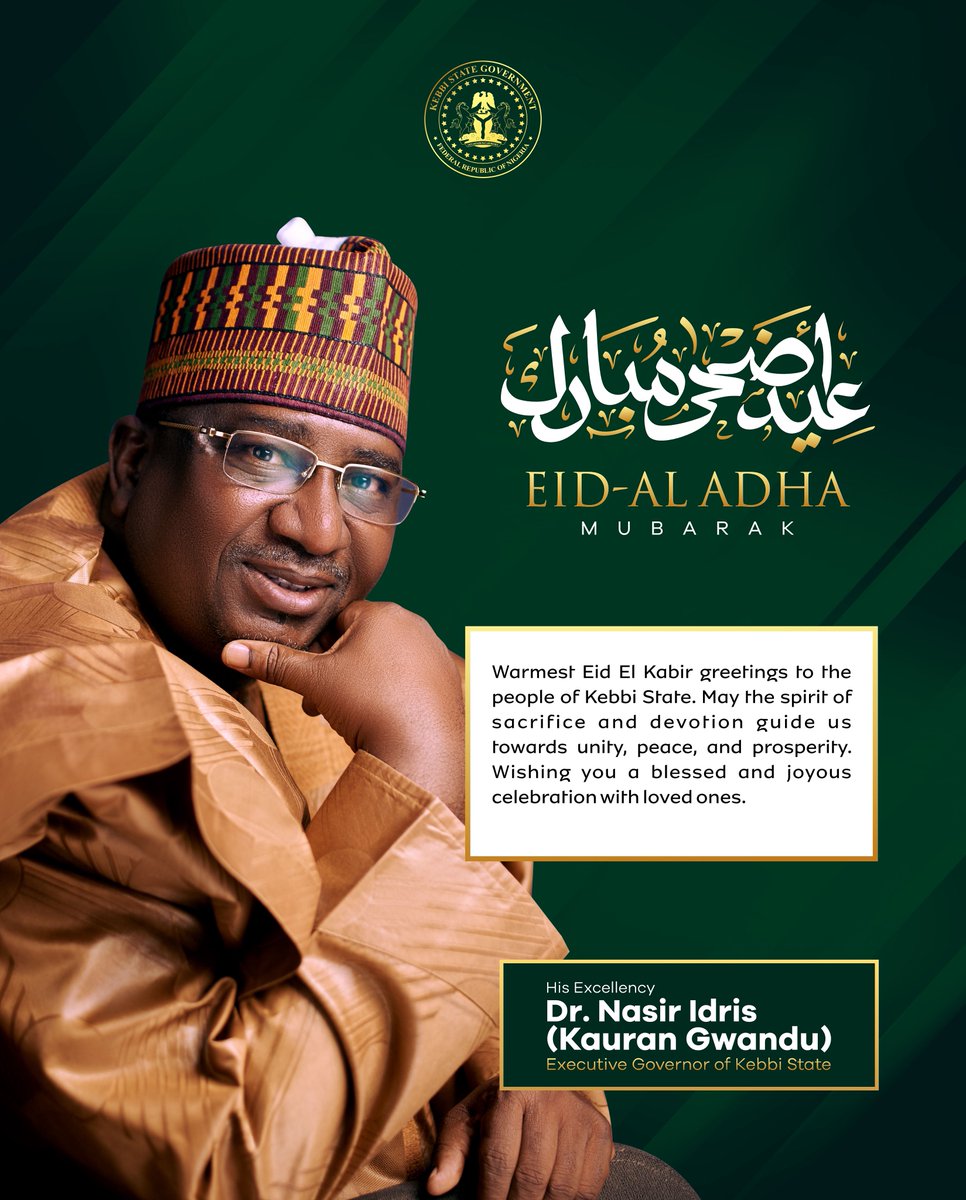 Warmest Eid El Kabir greetings to the people of Kebbi State. May the spirit of sacrifice and devotion guide us towards unity, peace, and prosperity.
Wishing you a blessed and joyous celebration with loved ones.