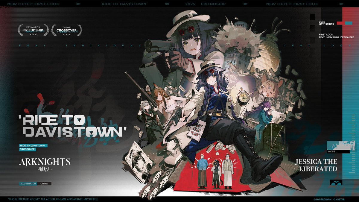 【CROSSOVER Collection - 'Ride to Davistown' - Jessica the Liberated】

Clothes the rookie actress Jessica wore for her audition. Whether pointing a gun at someone else or at herself, she'd immediately tear up. Director Nian was real pleased.

#Arknights #Yostar