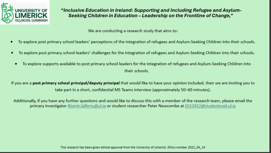 Seeking principals and deputy principals (post-primary) for interview on a very important topic. If you have time to spare for an online interview, please contact us! More details below.