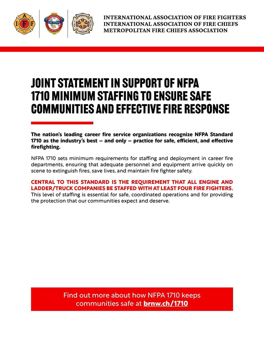 The top fire service organizations across North America — the International Association of Fire Fighters (IAFF), International Association of Fire Chiefs (IAFC), and Metro Fire Chiefs Association — have issued a joint statement supporting NFPA 1710 as the only standard for safe,