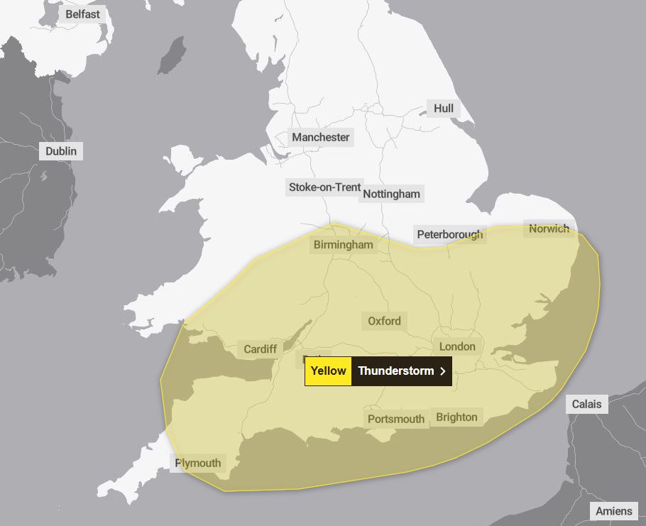 Thunderstorm warning for tomorrow 0900-1800 
10-15 mm of rain could fall in an hour, whilst some places could see 30-40 mm of rain over several hours. Frequent lightning, hail &amp; strong, gusty winds will be additional hazards. <a href="/BBCDevon/">BBC Devon</a> <a href="/bbcsomerset/">BBC Somerset</a> <a href="/BBCCornwall/">BBC Cornwall</a> <a href="/BBCDorset/">BBC Dorset</a>