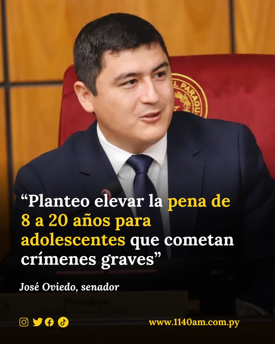 📣 ¿Debe aumentar la pena para adolescentes que cometen crímenes graves? |

♦️ El senador José Oviedo propone elevar la pena de 8 a 20 años para adolescentes mayores de 14 años que cometan delitos como homicidio. El proyecto modifica el artículo 27 del Código de la Niñez y la