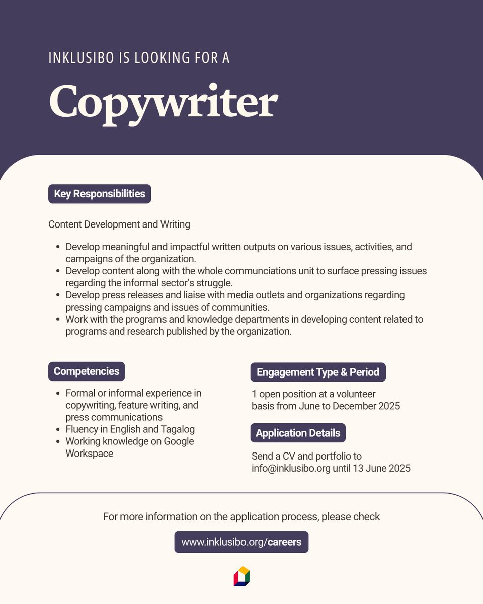 VOLUNTEER WITH US!

Inklusibo is looking for multimedia artists and a copywriter to join the Communications team. 

Send your CV and portfolio to info@inklusibo.org until June 13, 2025. 

For more details, please visit inklusibo.org/careers