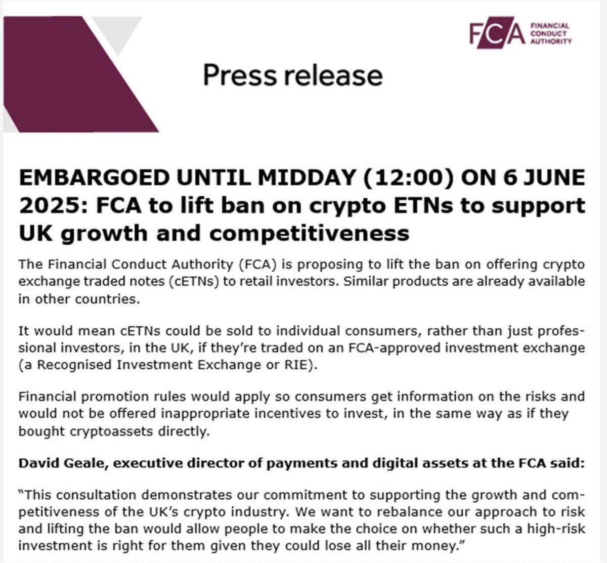 BREAKING: UK FINANCIAL REGULATOR JUST LIFTED NATIONAL BAN ON #BITCOIN AND CRYPTO ETFs

THE 6th LARGEST ECONOMY IN THE WORLD. HUGE 🔥