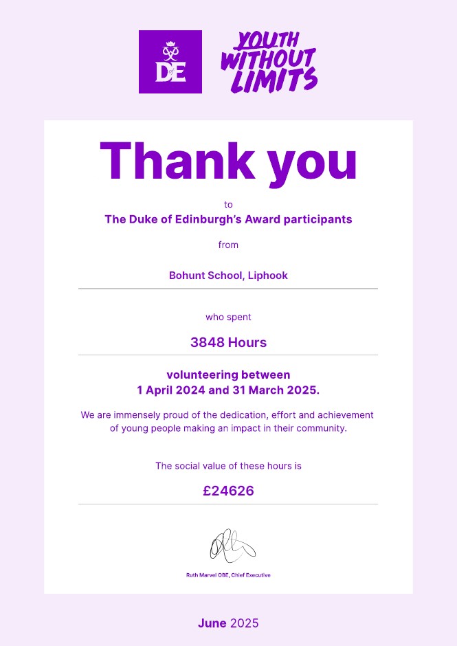 Bohunt School's Duke of Edinburgh Award students spent 3848 hours volunteering over the past year, with a total social value of £24,626! #EnjoyRespectAchieve #BohuntLiphook