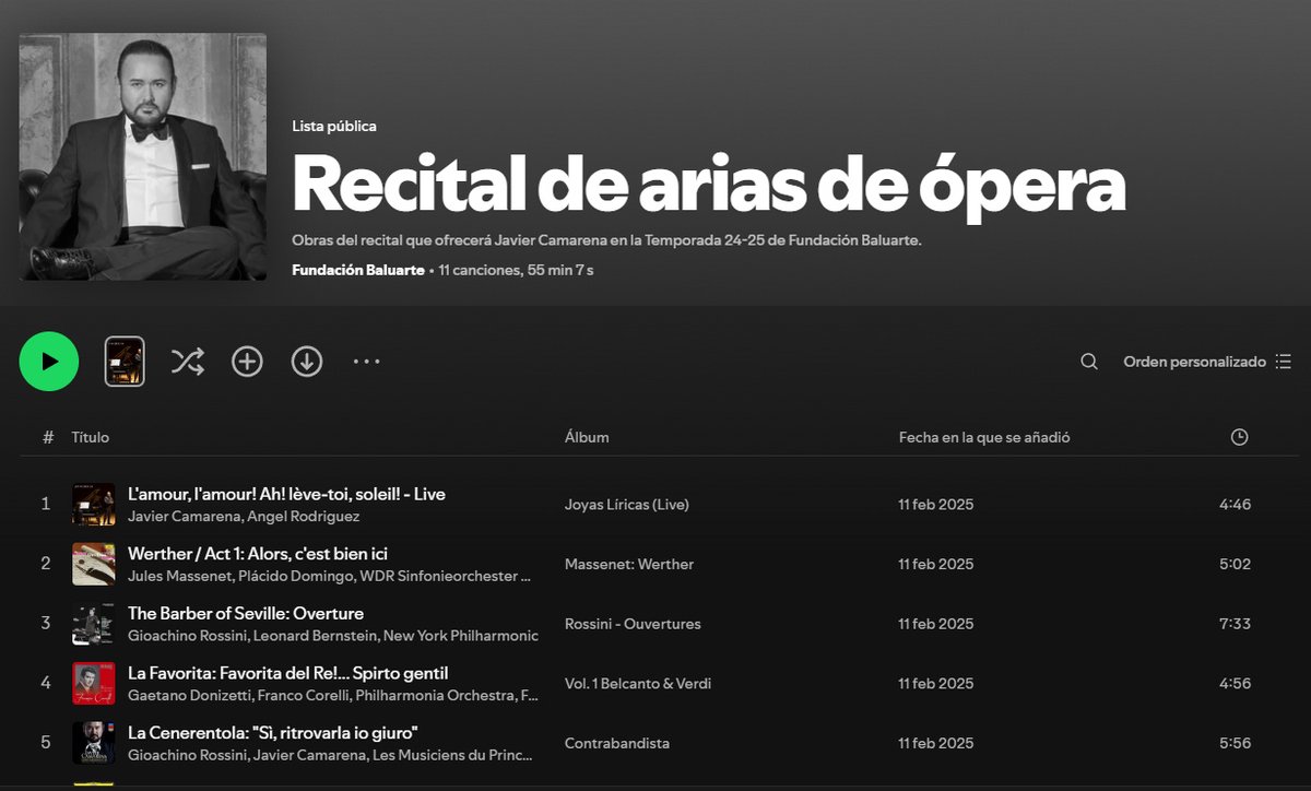 🎶 Adelántate y escucha parte de las arias que el tenor mexicano <a href="/tenorjcamarena/">Javier Camarena</a> dará, junto a la <a href="/orquestanavarra/">Orquesta Sinfónica de Navarra</a>, en la gala lírica que servirá para cerrar nuestra temporada 24-25.
🗓️Lunes, 9 de junio
⌚️19:30 h
📌<a href="/baluarte/">Baluarte</a>
🎧Lista de spotify: 👇
open.spotify.com/playlist/3bbYh…
