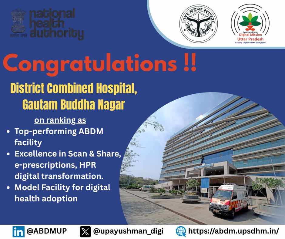 A proud moment for #ABDMUP
DCH, Gautam Buddha Nagar is now among India’s top-performing digital health facilities!
Seamless Scan &amp; Share, e-prescription, HPR digitally transformed.
Thank you Ms <a href="/rituias2003/">Ritu maheshwari</a> for visionary leadership!
<a href="/AyushmanNHA/">National Health Authority (NHA)</a> <a href="/MoHFW_INDIA/">Ministry of Health</a>
