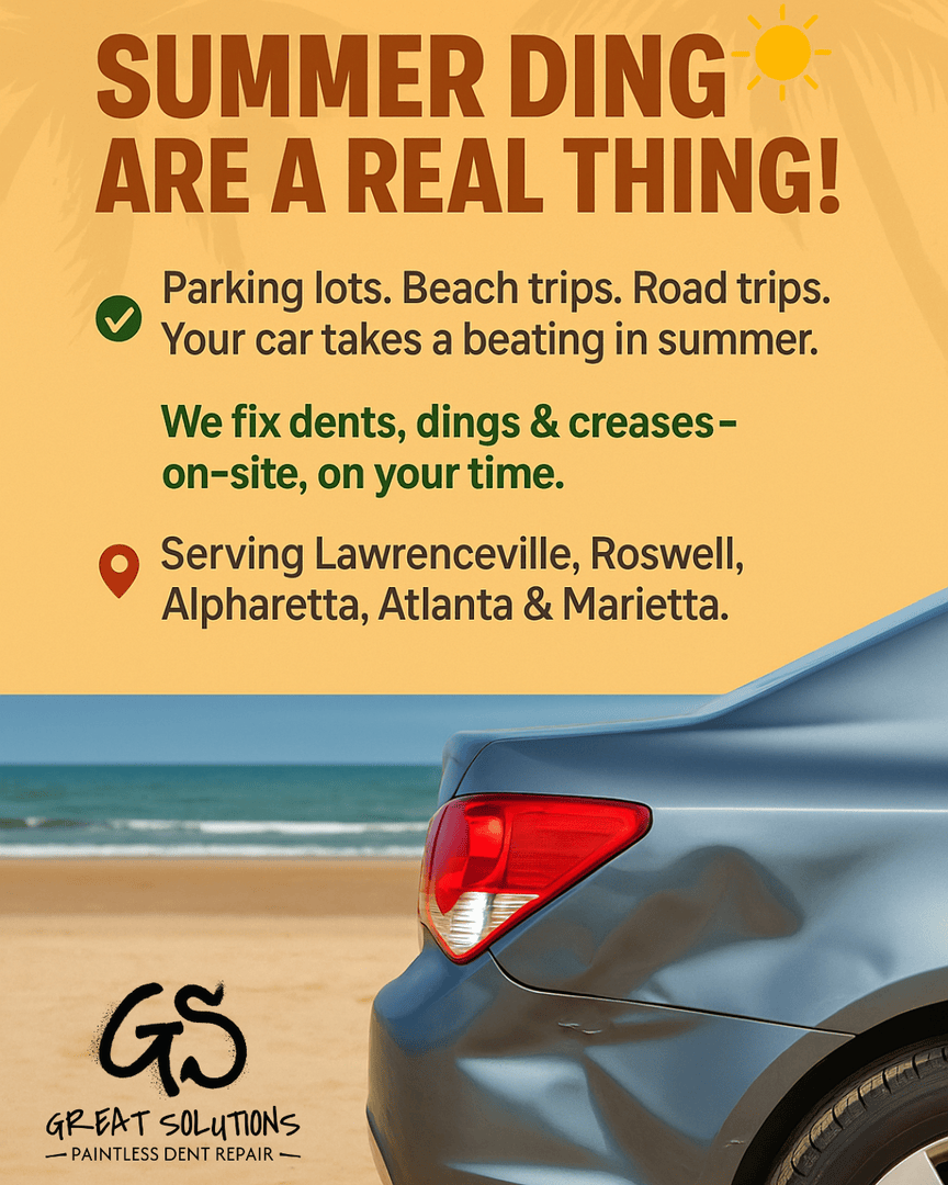 gspaintlessdent's tweet photo. ☀️ Summer Dings Are a Real Thing!

Parking lots. Beach trips. Road trips. Your car takes a beating in summer.
✅ We fix dents, dings &amp; creases—on-site, on your time.

📞 678-754-0096 | 📧 greatsolutionspdr@gmail.com https://t.co/cwVzvkglsB