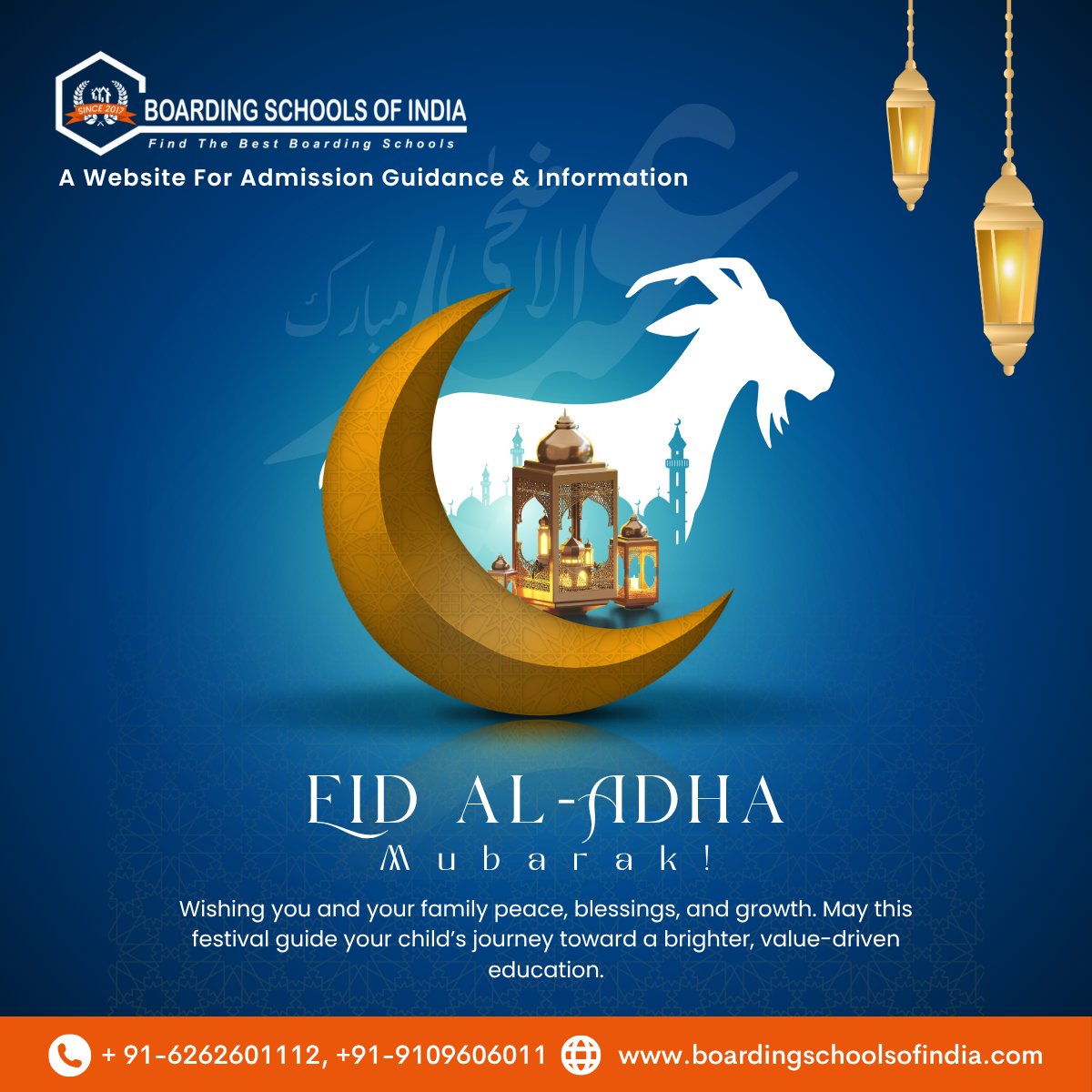 Eid Mubarak 🌙

Wishing your family peace, blessings, &amp; growth this Eid-Al-Adha.

May this festival guide your child’s journey to a brighter future. 🌟📚

#EidAlAdha  #BoardingSchoolsOfIndia #EidMubarak2025  #ParentingWithPurpose #festivalvibes