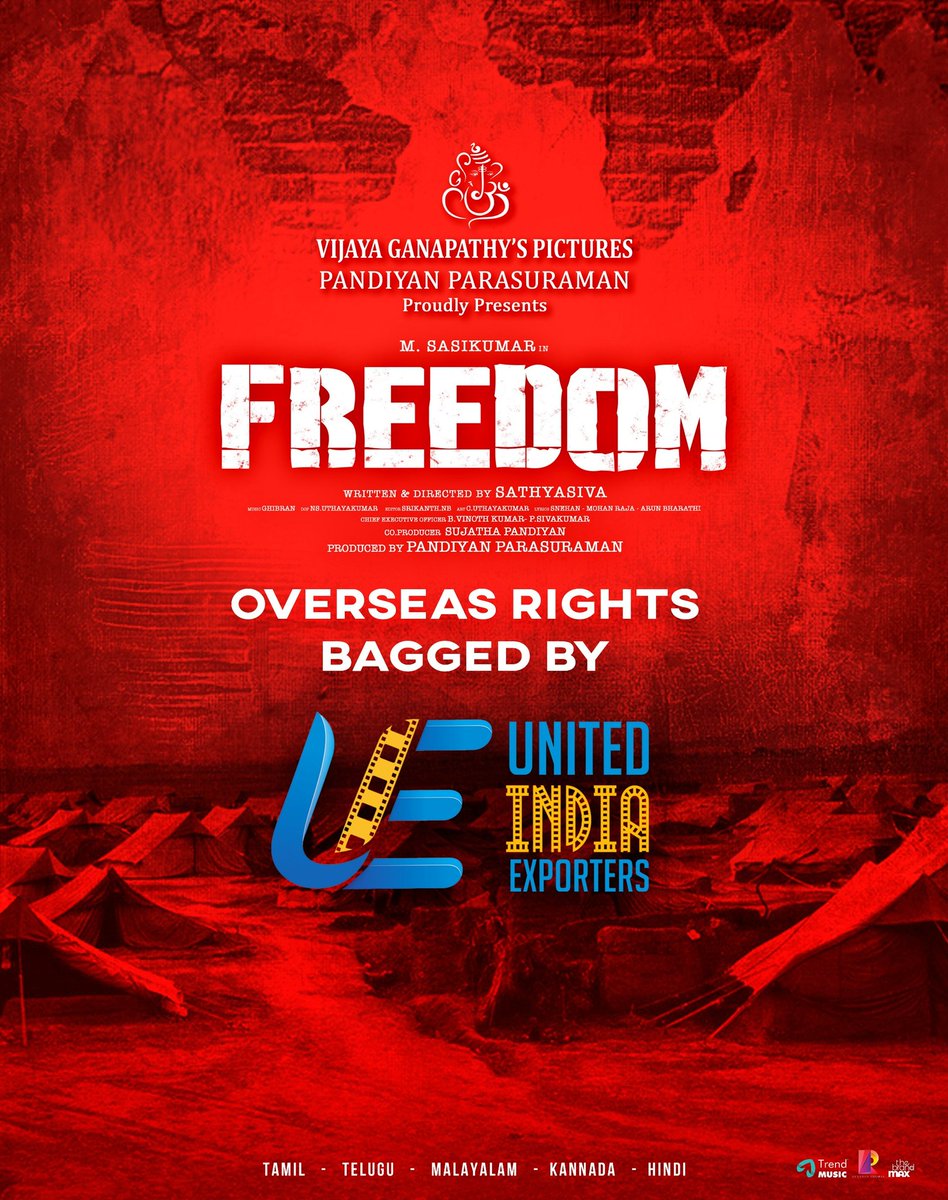 United India Exporters (@uie_offl) on Twitter photo Happy to share that <a href="/SasikumarDir/">M.Sasikumar</a>'s #Freedom overseas rights bagged by <a href="/uie_offl/">United India Exporters</a> !!
Big release loading for the film overseas !
#FreedomFromJuly10
Directed by <a href="/Sathyasivadir/">Sathyasiva</a>
Produced by <a href="/vijayganapathys/">Vijaya Ganapathy's Pictures</a> <a href="/PandiyanParasu/">Pandiyan Parasuraman</a>
Music by <a href="/GhibranVaibodha/">Ghibran Vaibodha</a>
<a href="/jose_lijomol/">Lijomol Jose</a> @thesudevnair Happy to share that <a href="/SasikumarDir/">M.Sasikumar</a>'s #Freedom overseas rights bagged by <a href="/uie_offl/">United India Exporters</a> !!
Big release loading for the film overseas !
#FreedomFromJuly10
Directed by <a href="/Sathyasivadir/">Sathyasiva</a>
Produced by <a href="/vijayganapathys/">Vijaya Ganapathy's Pictures</a> <a href="/PandiyanParasu/">Pandiyan Parasuraman</a>
Music by <a href="/GhibranVaibodha/">Ghibran Vaibodha</a>
<a href="/jose_lijomol/">Lijomol Jose</a> @thesudevnair