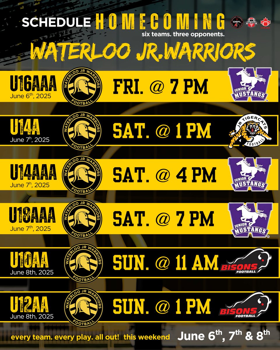 Waterloo Jr. Warriors Football (@wloo_jrwarriors) on Twitter photo Starting tonight - under the lights! - our SIX game, full club HOMECOMING WEEKEND!
Come out and check out some high energy tackle football in all age groups (U10-U18) this weekend at Warrior Field.
<a href="/OSFL_Official/">OSFL_Official</a> #football #waterlooregion Starting tonight - under the lights! - our SIX game, full club HOMECOMING WEEKEND!
Come out and check out some high energy tackle football in all age groups (U10-U18) this weekend at Warrior Field.
<a href="/OSFL_Official/">OSFL_Official</a> #football #waterlooregion