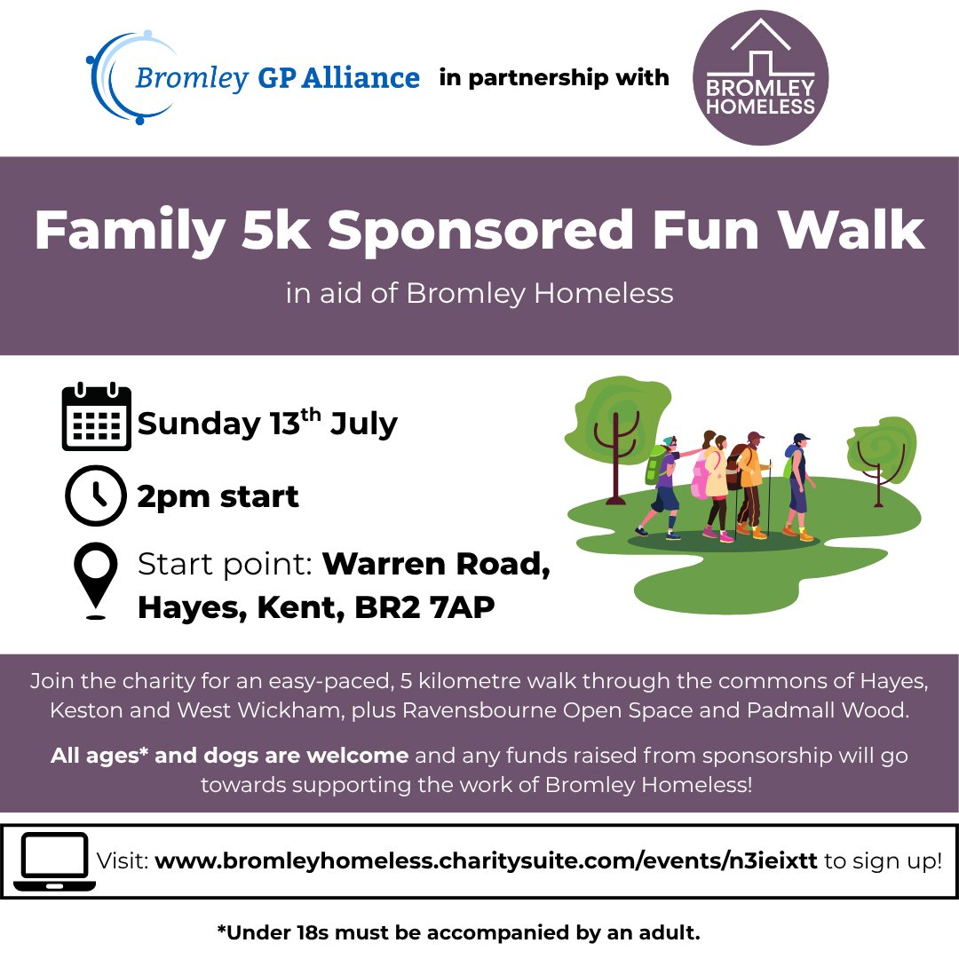 Bromley GP Alliance (@bromleygps) on Twitter photo ๐ถโโ๏ธ Sign up today for the Family 5K Sponsored Fun Walk, in aid of <a href="/BromleyHomeless/">Bromley Homeless</a>
๐ Sunday 13 July
๐ 2pm start
๐ Start point: Warren Road, Hayes, BR2 7AP
๐งโ๐คโ๐ง All ages and dogs welcome (under 18s must be accompanied)
๐ป Sign up: bromleyhomeless.charitysuite.com/events/n3ieixtt
#Bromley #Hayes ๐ถโโ๏ธ Sign up today for the Family 5K Sponsored Fun Walk, in aid of <a href="/BromleyHomeless/">Bromley Homeless</a>
๐ Sunday 13 July
๐ 2pm start
๐ Start point: Warren Road, Hayes, BR2 7AP
๐งโ๐คโ๐ง All ages and dogs welcome (under 18s must be accompanied)
๐ป Sign up: bromleyhomeless.charitysuite.com/events/n3ieixtt
#Bromley #Hayes