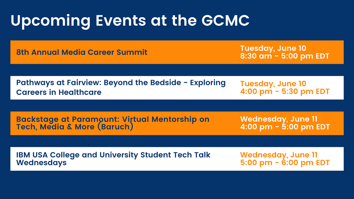 Looking for professional or career events outside of Baruch College? Here are a few happening next week that might interest you! Learn more and register through Handshake: bit.ly/3VpAt6e

#BaruchCollege #BeBaruch #ZicklinPride #EventsAtTheGCMC