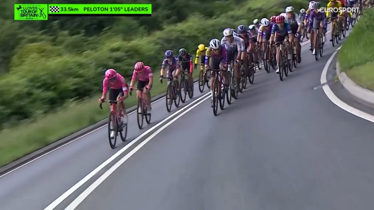 Leading into the first of two ascents of Marske Lane, our riders are holding strong near the front of the peloton. Two riders from the early three-rider breakaway maintain a 1'05" lead with 35km remaining ⏲️

#ToBW