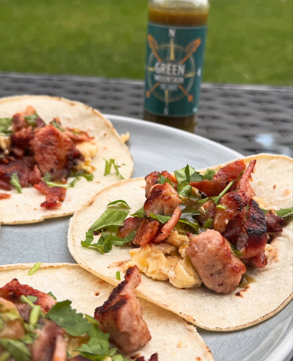 Brunch inspired by <a href="/love2bbquk/">Phil</a> . Corn tacos with sausage meat, bacon, scrambled egg, coriander &amp; Green Mountain Hot Sauce <a href="/thornbridge/">Thornbridge Brewery</a>