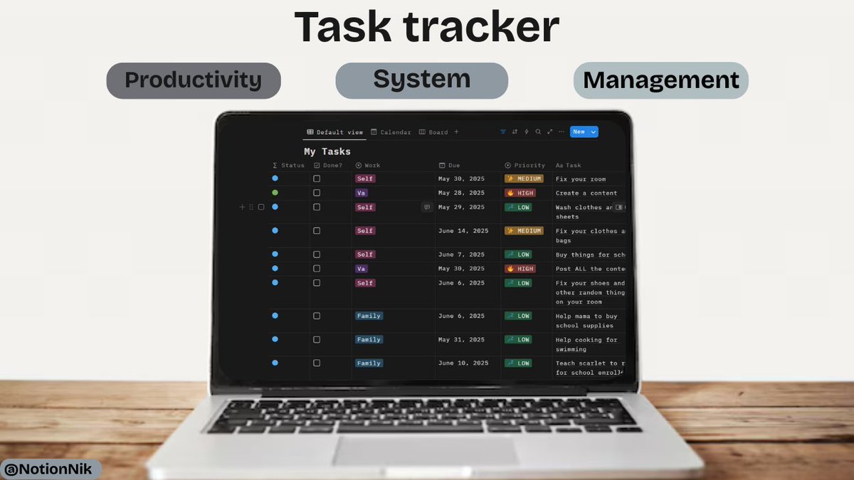 Jannik66788420's tweet image. Drowning in tasks and deadlines? A smart Notion Task Tracker keeps you focused, organized, and on time. One system. Zero chaos.

📩 DM me or visit @notionnik to get yours.

#TaskTracker #ProductivityTools #NotionWorkspace #TimeManagement #DailyPlanner