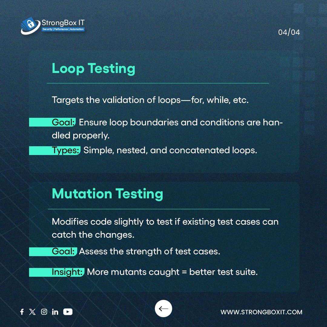 strongboxit's tweet image. White Box Testing isn’t just one type It covers a range of testing types that examine the inner workings of code — structure, logic, and flow.

This post breaks down the types used to ensure clean, reliable, and secure software.

strongboxit.com

#WhiteBoxTesting