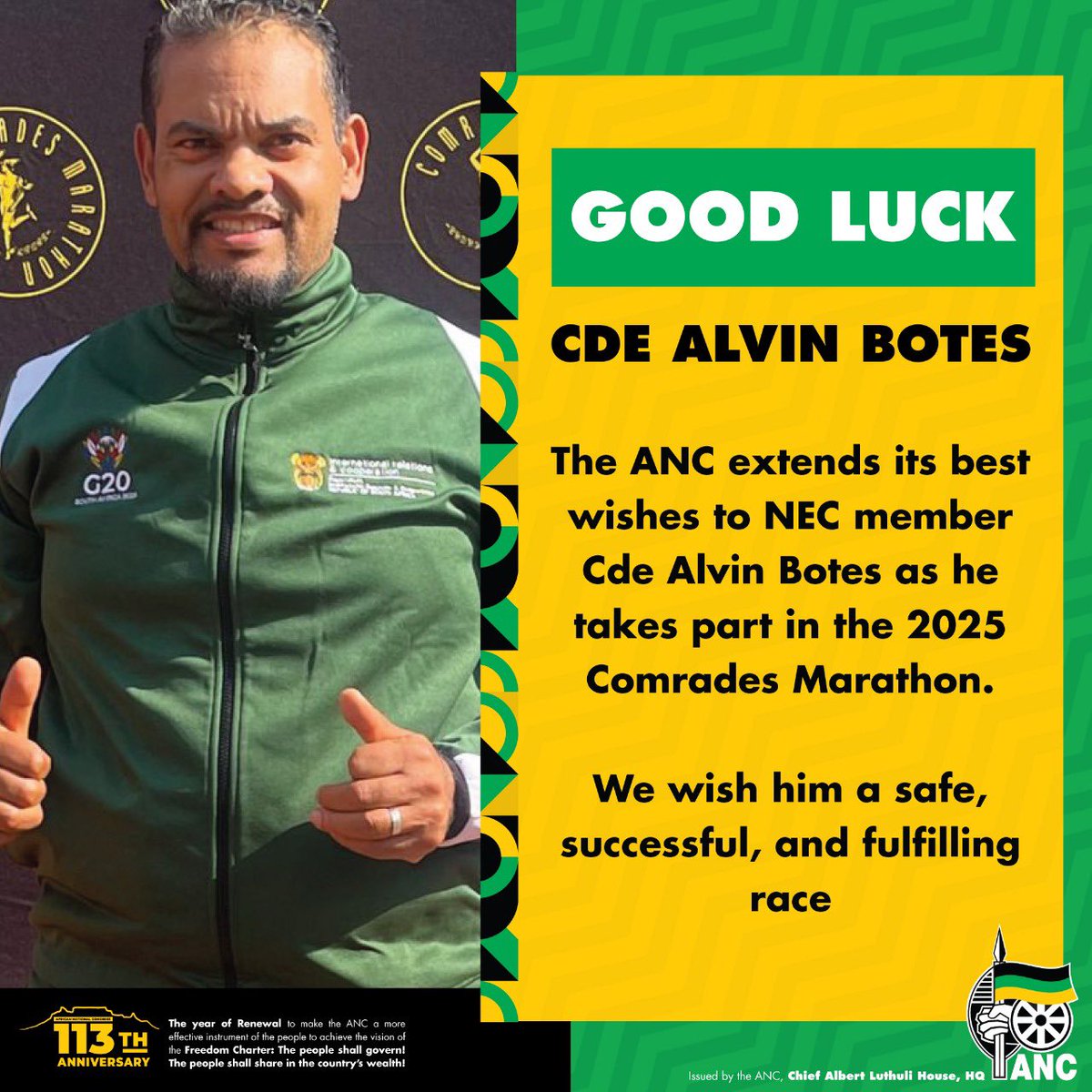 The ANC extends its best wishes to NEC members 
Cde Dr David Masondo and Cde Alvin Botes as they take part in the 2025 Comrades Marathon.

We wish them a safe, successful, and fulfilling
race

#ThePeoplesMovement