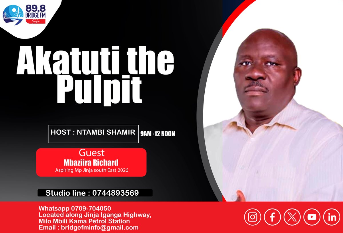 BridgeFM_Ug's tweet photo. Tune in this Saturday, 7th June 2025, from 9AM to 12PM on 89.8 Bridge FM . 
Join @ShamirNtambi  as he hosts Different Political Aspirants  for a powerful discussion on matters of national importance.
#AkatutiKuPulpit #BridgeFM #NtambiShamir #UgandaTalks https://t.co/8gltPyOn7n