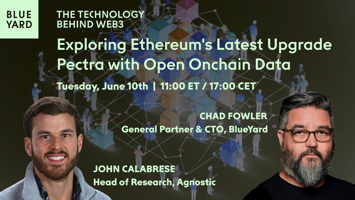Join <a href="/calabreum/">johnc.eth</a> and <a href="/chadfowler/">chad fowler</a> as they explore Ethereum’s Pectra upgrade using open data tools from <a href="/agnosticeng/">Agnostic</a>. 

🗓️ Tuesday, June 10th | 11am ET 
🎦 youtube.com/live/xUJQL2NsC…

This live session will dive into transaction fees, new transaction types, and other signals from the