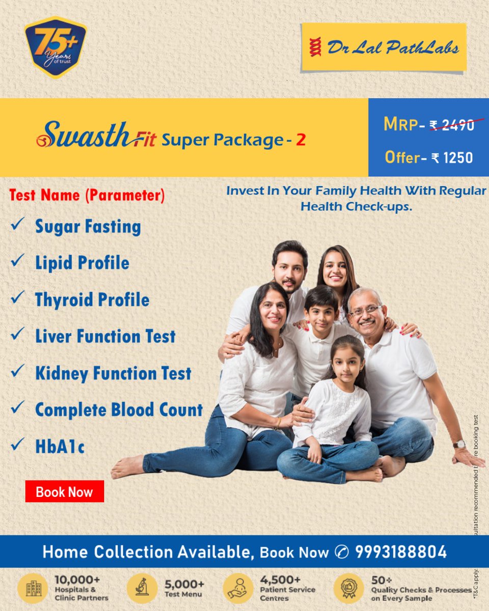 DrLalPathLabcc's tweet image. Book SwasthFit Super-2 Package with #DrLalPathLabsBhopal

FREE Home Sample Collection
Stay healthy with essential tests for your wellbeing.

Call Now: 9993188804 to book your appointment today!

#bloodtest #healthfirst #drlalpathlabs #homecollection #drlalpathlabsbhopal