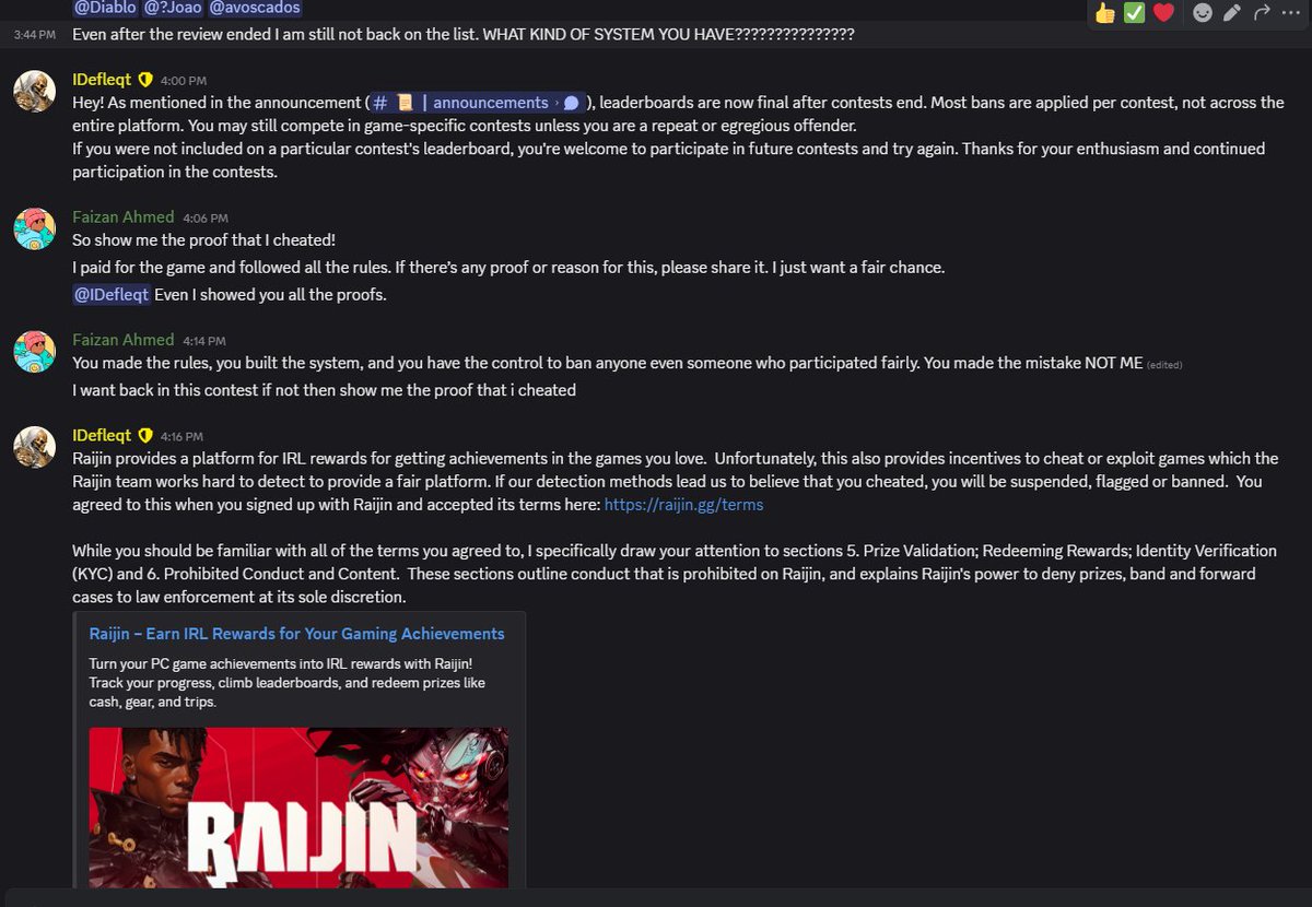 GraphicCreator4's tweet photo. I was banned from both @raijin_games and @XAI_Games Discord just for asking why I was red-flagged despite playing fairly. I simply asked for proof. Is this how fair competition is handled? No explanation just silence ban. I paid for the game I deserve transparency. https://t.co/qxMmph9rwx