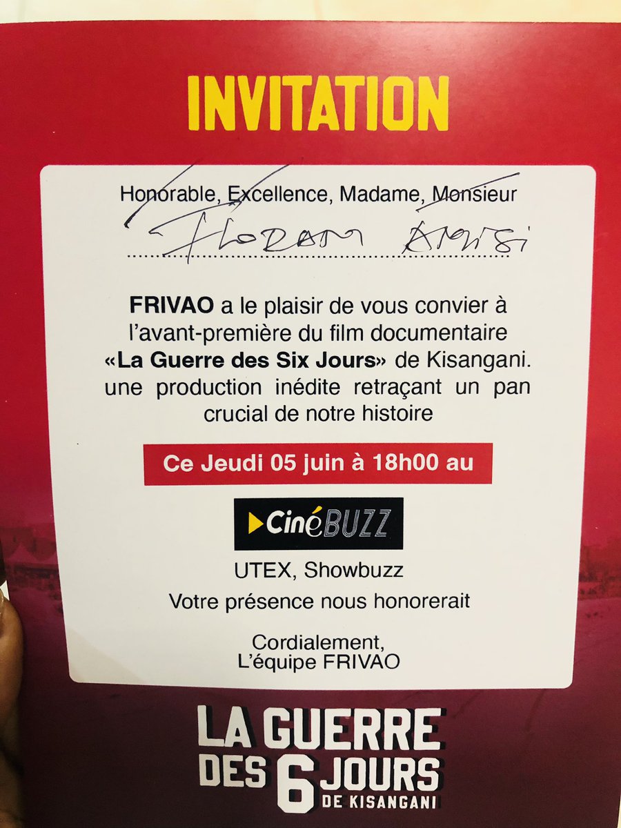 floram09's tweet photo. Merci de m’avoir fait l’honneur d’assister à cette magnifique soirée, de revivre et comprendre la guerre des 6 jours de #Kisangani à travers ce documentaire enrichissant produit par @frivao https://t.co/PIHNHwiNcI