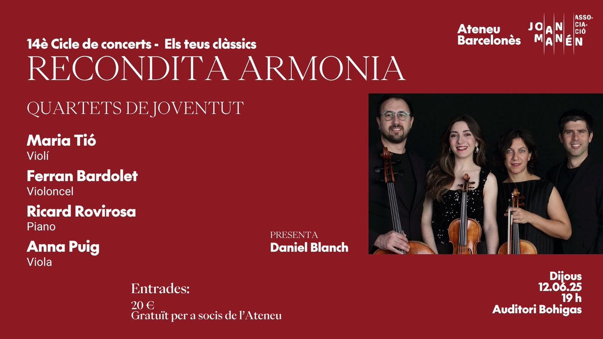 Ateneu Barcelonès (@ateneubcn) on Twitter photo 🎻 Un viatge musical per la joventut de grans compositors catalans.
🎹 Descobreix els primers quartets amb piano de Garreta i Montsalvatge, i la peça contemporània Gem(s)tone de Marc Migó.
🤝 Un acte de la <a href="/JoanManen/">Associació JoanManén</a>
📍 Ateneu Barcelonès
📅 12/06, 19 h 🎻 Un viatge musical per la joventut de grans compositors catalans.
🎹 Descobreix els primers quartets amb piano de Garreta i Montsalvatge, i la peça contemporània Gem(s)tone de Marc Migó.
🤝 Un acte de la <a href="/JoanManen/">Associació JoanManén</a>
📍 Ateneu Barcelonès
📅 12/06, 19 h