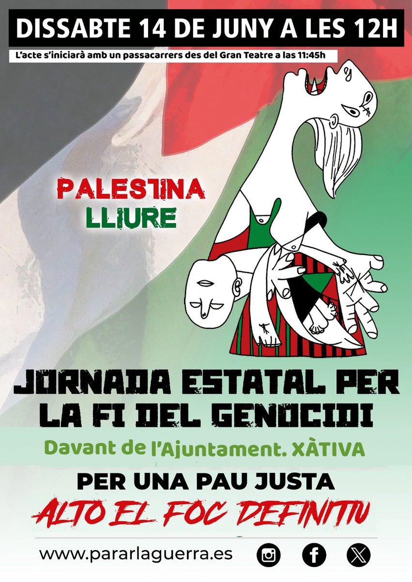 📢  El pròxim dissabte 14 de juny a les 12h tindrà lloc a Xàtiva, davant de l’Ajuntament, una Jornada estatal per la fi del genocidi a Palestina.

🕚 A les 11:45h començarà amb un passacarrer des del Gran Teatre.

 pararlaguerra.es

#AltoElFoc #PalestinaLliure #Xàtiva