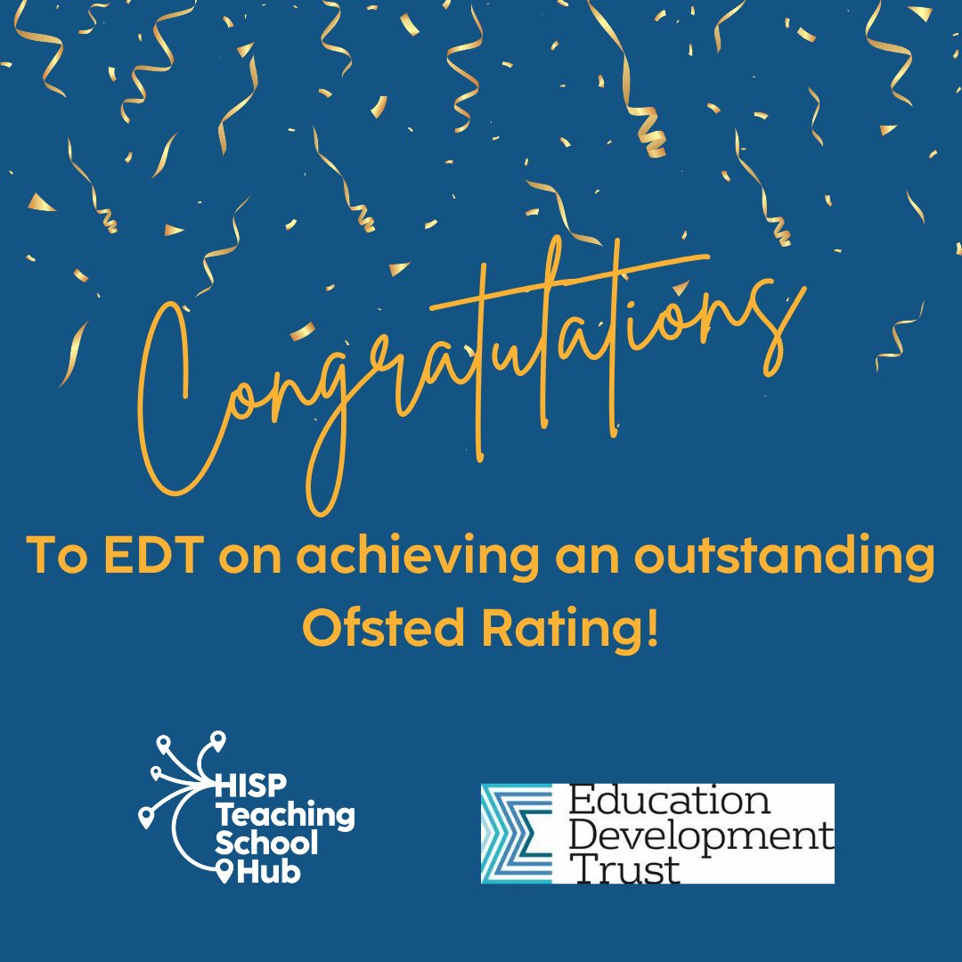 🎉 Congratulations to EDT! 🎉
We are thrilled to celebrate that Education Development Trust have been rated ‘Outstanding’ by OFSTED! 🌟

The Teaching School Hub is extremely proud to be working with an outstanding provider.

#EDT #OFSTEDOutstanding #ProudToPartner