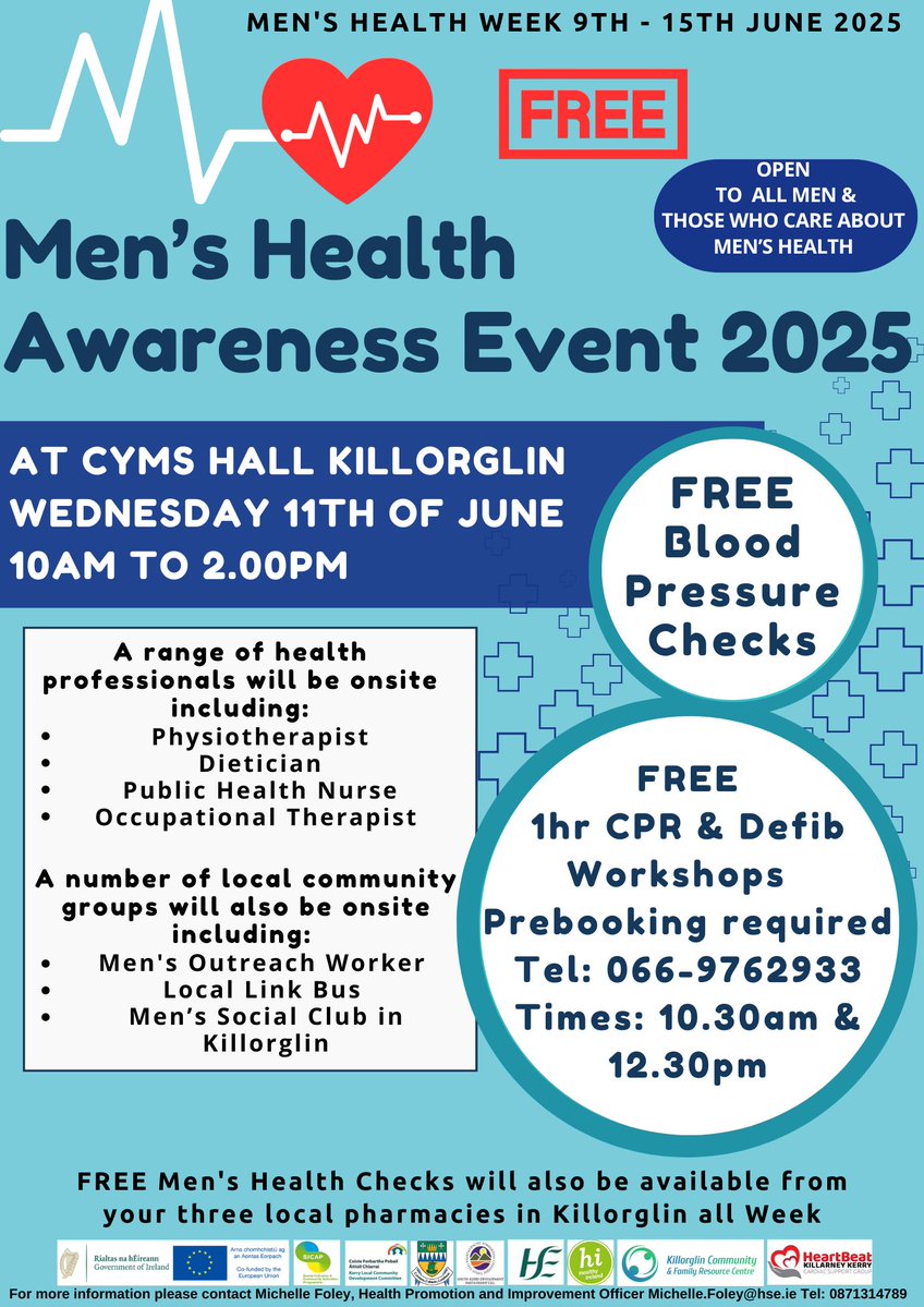 Come join us to celebrate #MensHealthWeek along with many other health professionals and service providers at the Men's Health Awareness Day at the CYMS hall in Killorglin next week.
📅Wed, 11th June 2025
🕒10am-2.00pm
📍 CYMS Hall Killorglin (V93 DN1Y)
🎫FREE &amp; all welcome