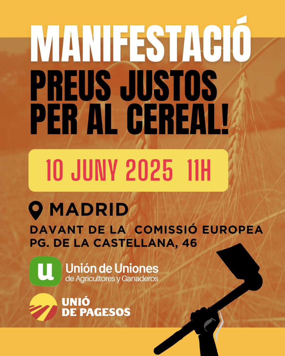 Unió de Pagesos (@uniopagesos) on Twitter photo 🚜Dimarts serem a Madrid amb <a href="/UniondeUniones/">Union de Uniones</a> per reclamar mesures de suport per als cereals per compensar efectes de decisions polítiques arran de la guerra d’Ucraïna!
NO a costa de la pagesia.
Amb l'alimentació no s'hi juga! 🚜Dimarts serem a Madrid amb <a href="/UniondeUniones/">Union de Uniones</a> per reclamar mesures de suport per als cereals per compensar efectes de decisions polítiques arran de la guerra d’Ucraïna!
NO a costa de la pagesia.
Amb l'alimentació no s'hi juga!