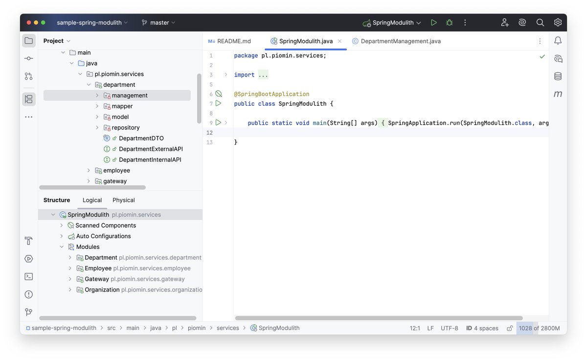 Andrey Belyaev (@belyaev_andrey) on Twitter photo Kudos to <a href="/piotr_minkowski/">Piotr Mińkowski</a> for another project to verify <a href="/springmodulith/">Spring Modulith</a> support in <a href="/intellijidea/">IntelliJ IDEA, a JetBrains IDE</a> ! Kudos to <a href="/piotr_minkowski/">Piotr Mińkowski</a> for another project to verify <a href="/springmodulith/">Spring Modulith</a> support in <a href="/intellijidea/">IntelliJ IDEA, a JetBrains IDE</a> !