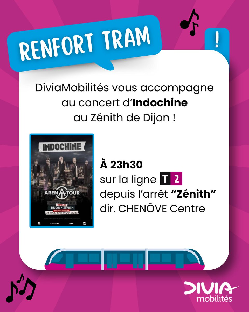 🎶 ÉVÉNEMENT 🎶

Mardi 10 et mercredi 11 juin, Indochine sera en concert au Zénith de Dijon ! 🎤

➡ Le réseau Divia Bus&amp;Tram vous accompagne et renforce le service sur la ligne T2 à 23h30 à la station "Zénith" direction CHENÔVE Centre.

Bonne soirée avec #DiviaMobilités !