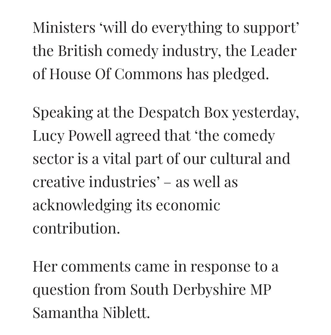 Live Comedy Association (LCA) (@livecomedyuk) on Twitter photo Huge thanks to <a href="/LucyMPowell/">Lucy Powell MP</a> and <a href="/SamanthaNiblet4/">Samantha Niblett MP</a> for raising the profile of live comedy in <a href="/UKParliament/">UK Parliament</a> and promising to provide further support. This continues our campaign to lobby for everyone working in the UK sector. Huge thanks to <a href="/LucyMPowell/">Lucy Powell MP</a> and <a href="/SamanthaNiblet4/">Samantha Niblett MP</a> for raising the profile of live comedy in <a href="/UKParliament/">UK Parliament</a> and promising to provide further support. This continues our campaign to lobby for everyone working in the UK sector.