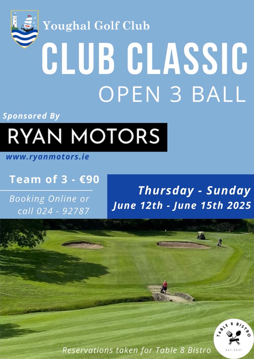 Open 3 Person team event Classic 2 Scores bookings online ⁦<a href="/youghalgolfclub/">Youghal Golf Club</a>⁩ ⁦<a href="/liamburnspga/">Liam Burns Golf</a>⁩ ⁦<a href="/FrONeillsGAA/">Fr. O'Neills GAA Club</a>⁩ ⁦<a href="/Ahernesyoughal/">Ahernes Youghal</a>⁩
