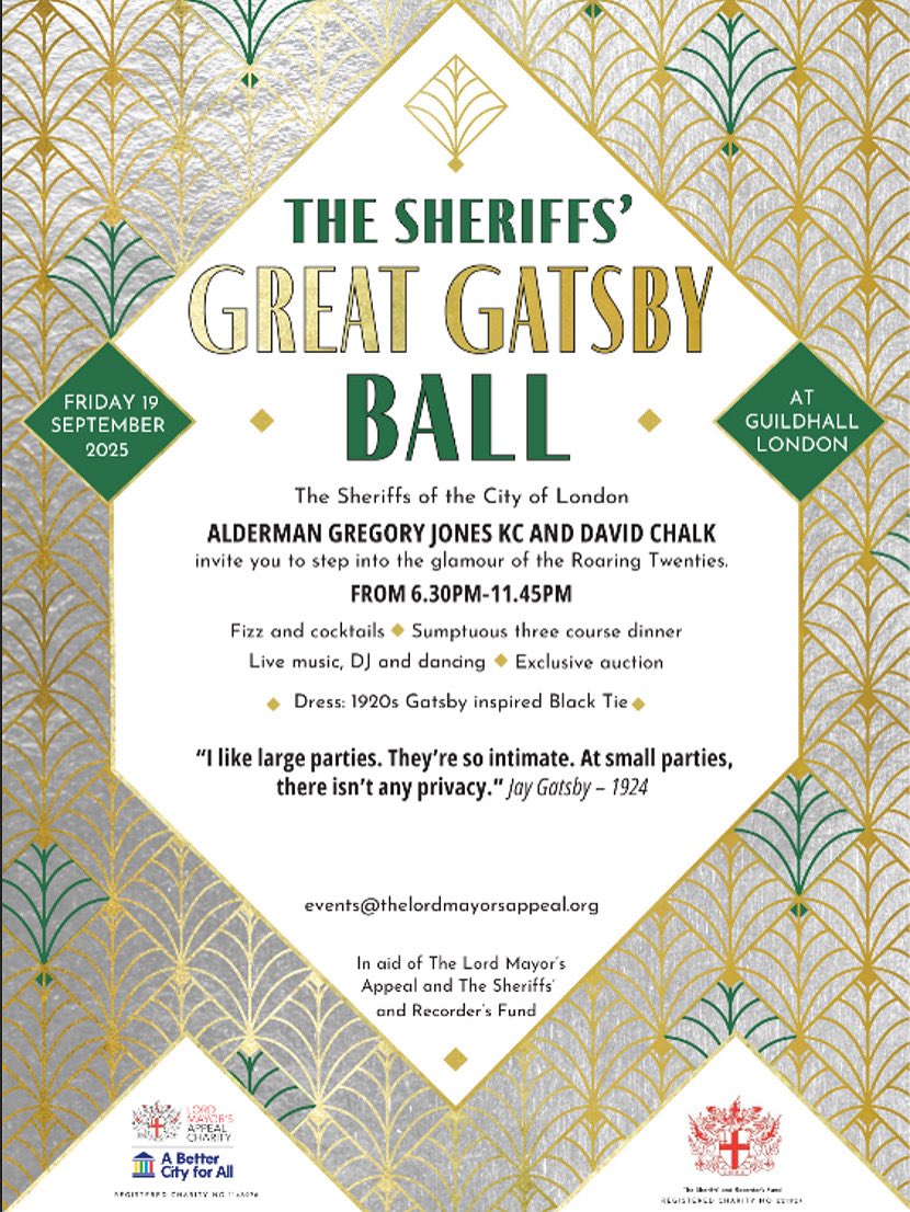 LMAppeal's tweet image. Tickets are now on sale for the Sheriffs’ Ball 2025.
Celebrate the end of the Shrieval year in Gatsby style with fine dining, live music, entertainment and more — all in support of The Lord Mayor’s Appeal and The Sheriffs’ and Recorder’s Fund.
Book now: thelordmayorsappeal.org/news-and-event…