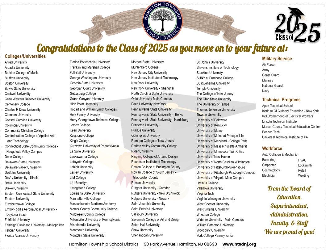 CONGRATULATIONS
to the
Class of 2025
Oh the places you will go... and the things you will do!
College, career, trades and military choices
and
Majors and programs
Our students are rock stars!!!!
#OneHamilton #EveryDayCounts