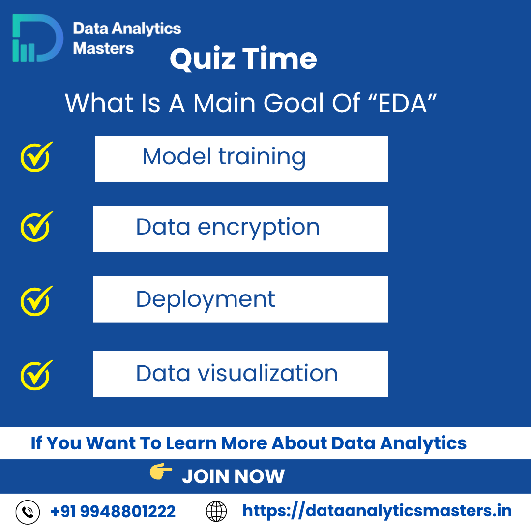 DataAnalyt222's tweet image. QUIZ TIME
What is a main goal of EDA ?
A. Model Training
B. Data Encryption
C. Deployment
D. Data Visualization
#DataAnalytics #EDA #ExploratoryDataAnalysis #DataVisualization
#DataScienceQuiz #QuizTime #AnalyticsTraining #DataAnalyticsCourse
#LearnDataScience