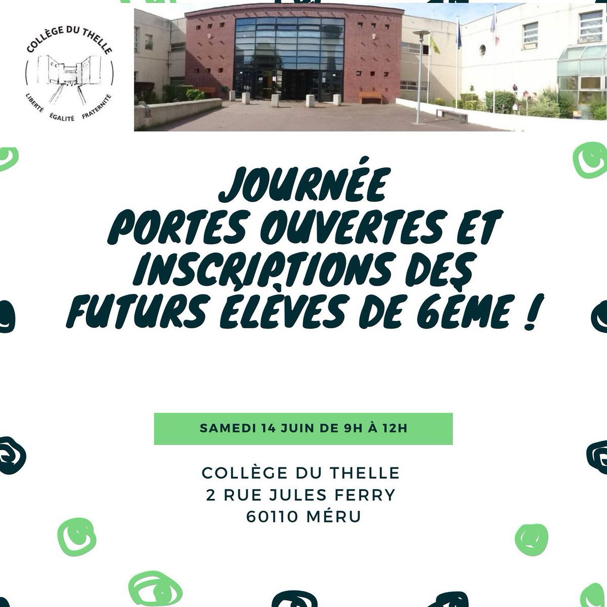 Le collège du thelle vous accueillera le samedi 14 juin de 9h à 12h dans le cadre des portes ouvertes et des inscriptions des futurs élèves de 6ème. 
N’hésitez pas à venir nombreux🎉🎉🎉
#collegeduthelle #meru #acamiens #oise #education #college