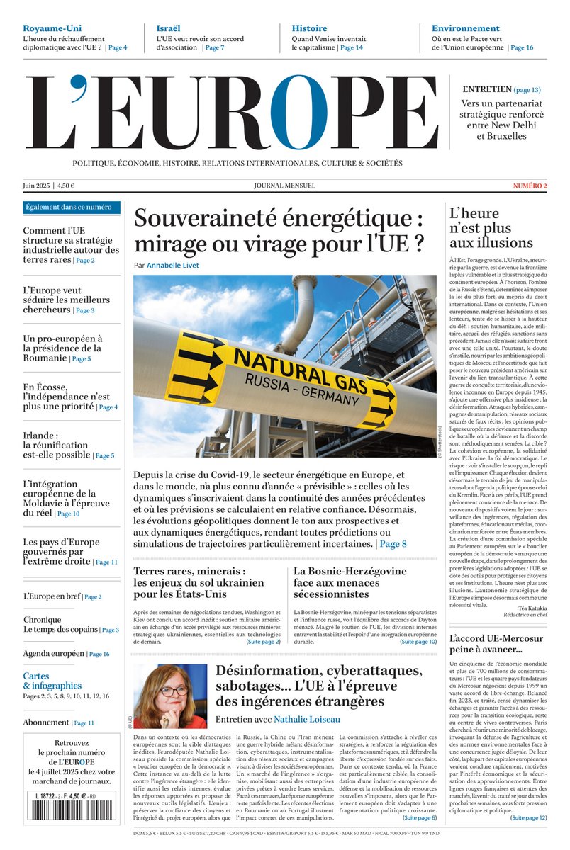 Toute l'Europe (@touteleurope) on Twitter photo Le deuxième numéro de L’EUROPE, le mensuel de référence sur les questions européennes, est en kiosque ! 📰
🗣️ Découvrez le n°2 avec un entretien avec <a href="/NathalieLoiseau/">Nathalie Loiseau</a>, députée européenne et présidente de la commission spéciale "bouclier européen de la démocratie".
📍 Disponible Le deuxième numéro de L’EUROPE, le mensuel de référence sur les questions européennes, est en kiosque ! 📰
🗣️ Découvrez le n°2 avec un entretien avec <a href="/NathalieLoiseau/">Nathalie Loiseau</a>, députée européenne et présidente de la commission spéciale "bouclier européen de la démocratie".
📍 Disponible