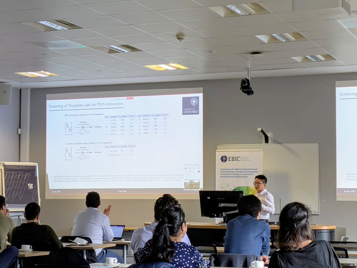 EBIC_Hub's tweet image. Fantastic to hear from Dr Long Yang of University of Oxford:
"Phosphate-enabled mechanochemical PFAS destruction for fluoride reuse"
#PFASandbeyond #Fluoride #FluorideReuse #EBICHub #EBNet