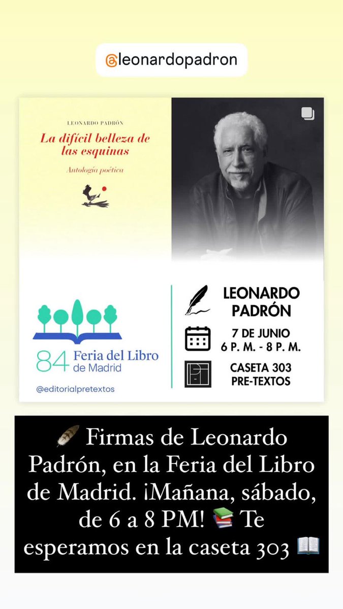 Jesús Peñalver (@jpenalver) on Twitter photo Mañana sábado, nuestro laureado y apreciado poeta <a href="/Leonardo_Padron/">Leonardo Padrón</a> en la Feria del Libro de Madrid. ¡Enhorabuena! 🇻🇪🇪🇸📚🥃 Mañana sábado, nuestro laureado y apreciado poeta <a href="/Leonardo_Padron/">Leonardo Padrón</a> en la Feria del Libro de Madrid. ¡Enhorabuena! 🇻🇪🇪🇸📚🥃