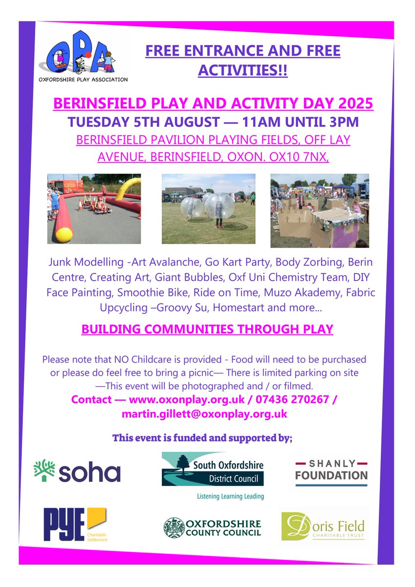 Oxon Play Assoc OPA (@oxonplay) on Twitter photo Following the success of our previous events we will be returning to Berinsfield for our annual Playday event on Tuesday 5th August π
FREE Entrance & FREE Activities to ensure an inclusion for ALL π <a href="/SohaHousing/">Soha Housing</a> <a href="/SouthOxon/">South Oxfordshire DC</a> <a href="/OxfordshireCC/">Oxfordshire County Council</a> <a href="/TheBerinCentre/">The Berin Centre</a> Following the success of our previous events we will be returning to Berinsfield for our annual Playday event on Tuesday 5th August π
FREE Entrance & FREE Activities to ensure an inclusion for ALL π <a href="/SohaHousing/">Soha Housing</a> <a href="/SouthOxon/">South Oxfordshire DC</a> <a href="/OxfordshireCC/">Oxfordshire County Council</a> <a href="/TheBerinCentre/">The Berin Centre</a>