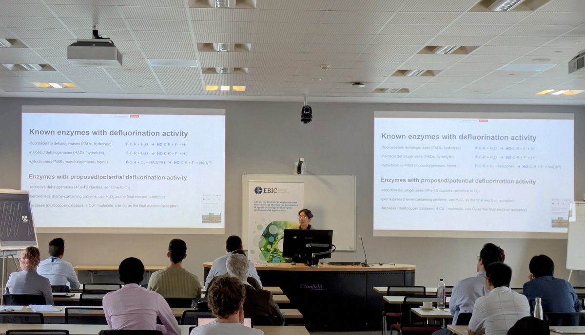 EBIC_Hub's tweet image. A very warm welcome to Hairong Ma of @BangorUni, Hairong is discussing her work on hydrolytic bacterial defluorinases - toward expanding substrate range and engineering fluoroacetate dehalogenases for the degradation of polyfluorinated compounds.
#PFASandbeyond
