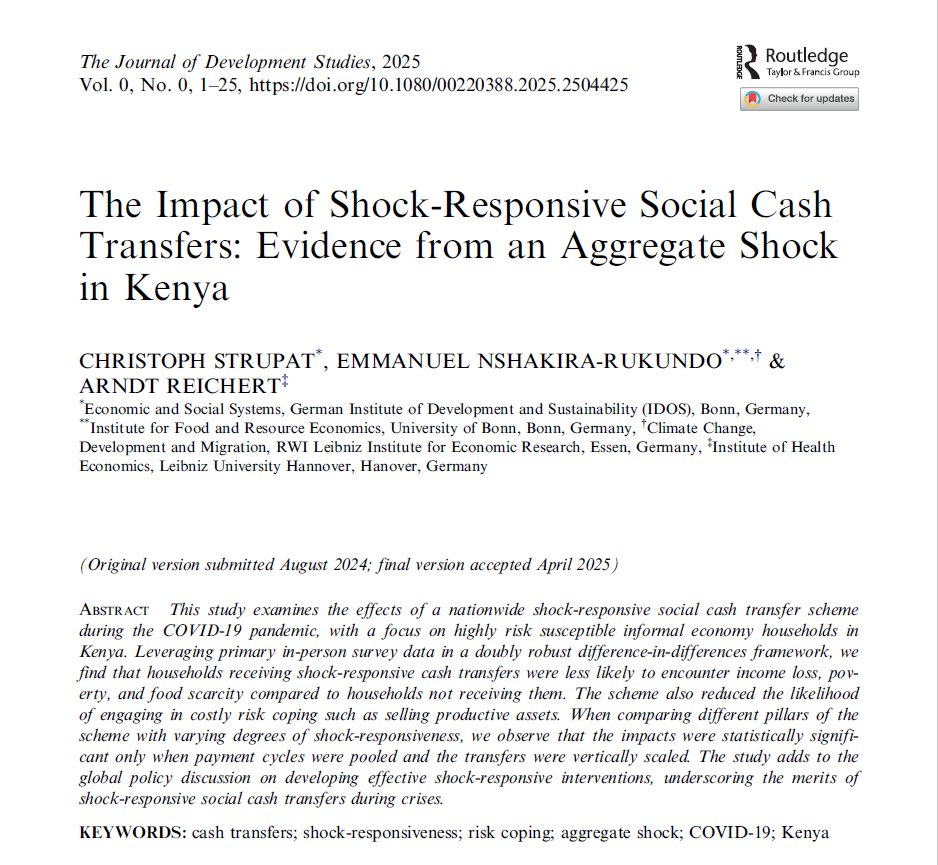 JDevStudies's tweet image. 💡Shock-responsive cash transfers work.
In 🇰🇪, during COVID-19, flexible cash support helped reduce income loss, hunger, and poverty especially for informal workers.
What mattered most? Adapting quickly with larger, faster payments.
Read more: doi.org/10.1080/002203…