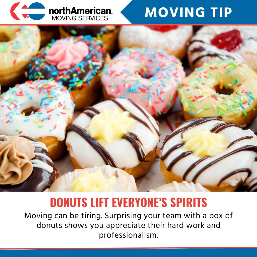 Today is National Donut Day! Donuts aren't just delicious. They're also a great morale booster on moving day, especially if you're starting early or in for a long haul. #movingtip #moving #movingvan #home #house #newhome #movingday #summer #nationaldonutday #donuts