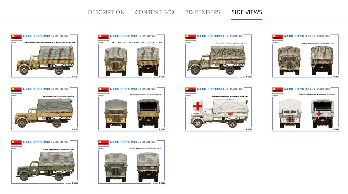 Side-Views &amp; Contents of #MiniArt Kit:
35459 GERMAN 3t CARGO TRUCK 3.6-36S LATE PROD
miniart-models.com/product/35459/
Plastic Model Kit 1:35 Scale
