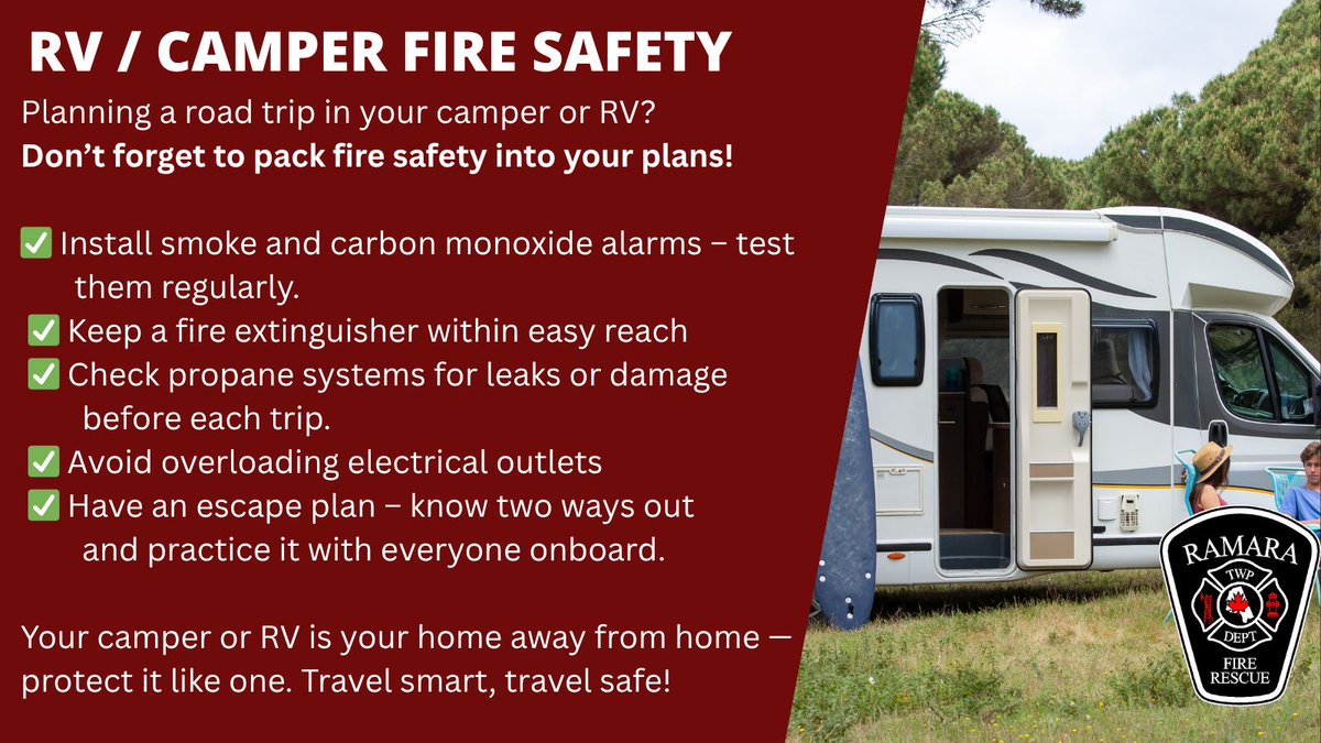 🔥 Fire Safety Friday 🔥

Planning a road trip in your camper or RV? Don’t forget to pack fire safety into your plans!

Your RV/camper is your home away from home—protect it like one. 

🔥🛻 Travel smart, travel safe! 🛻🔥

#RVFireSafety #TravelSafe #FirePrevention #RamaraFire