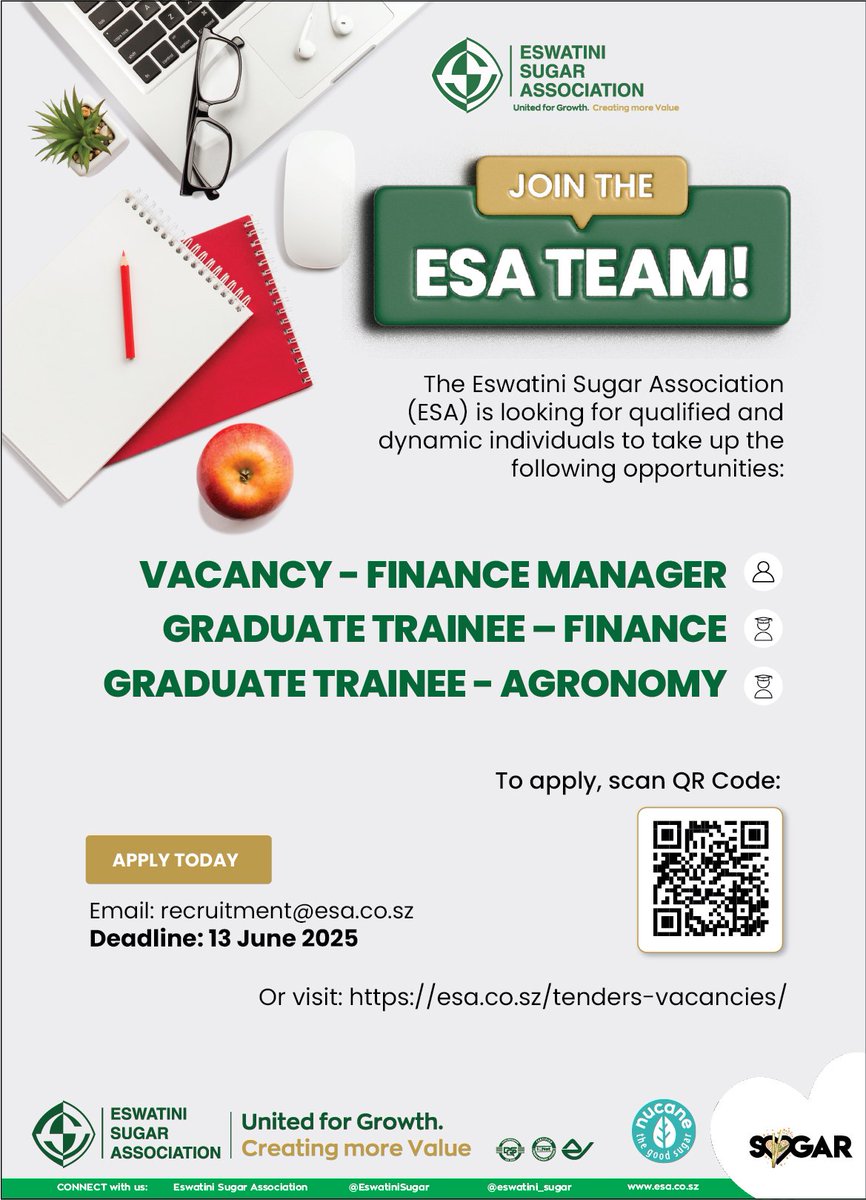 📌OPPORTUNITIES TO JOIN TEAM ESA!
To apply: esa.co.sz/tenders-vacanc…

Tell someone!

#vacancy #Job #jobs #JobAlert #vacancyalert #eSwatini #Sugar #CareerGrowth